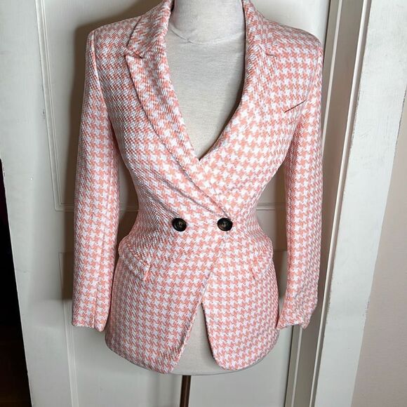 ASOS DESIGN Pink Dogstooth Suit Blazer Size 0 - Picture 1 of 6